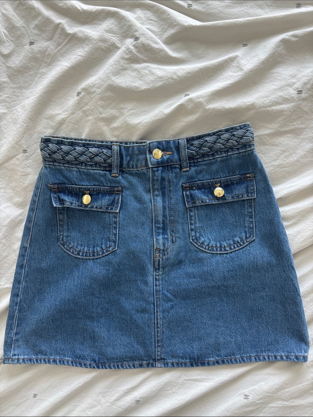 H&M Blue Denim Mini Skirt with Braided Waistband Trendy Style Sz 4